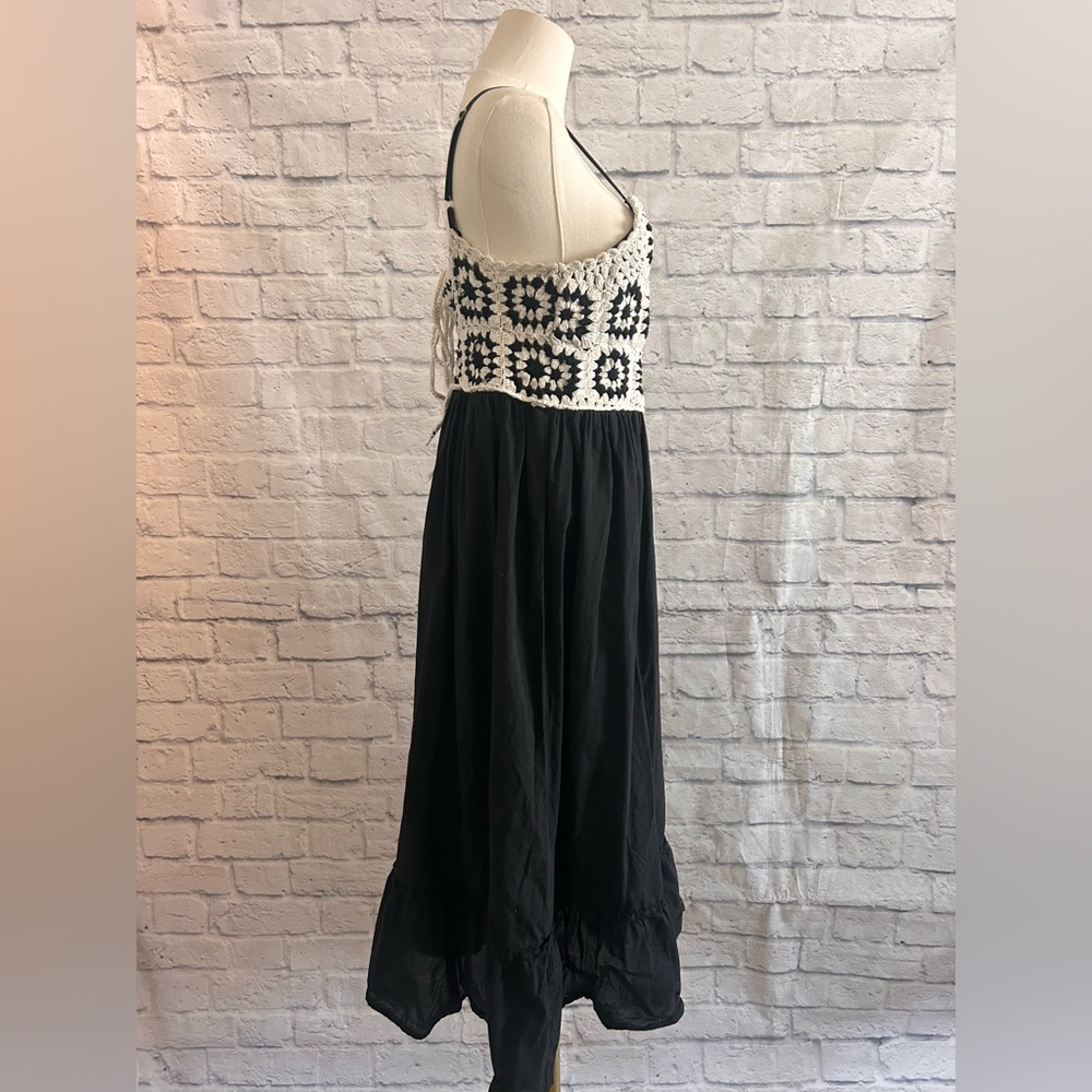 Crochet Maxi Dress Bohemian Boho Black Euro Fall Granny Squares 100% Cotton - Picture 7 of 10